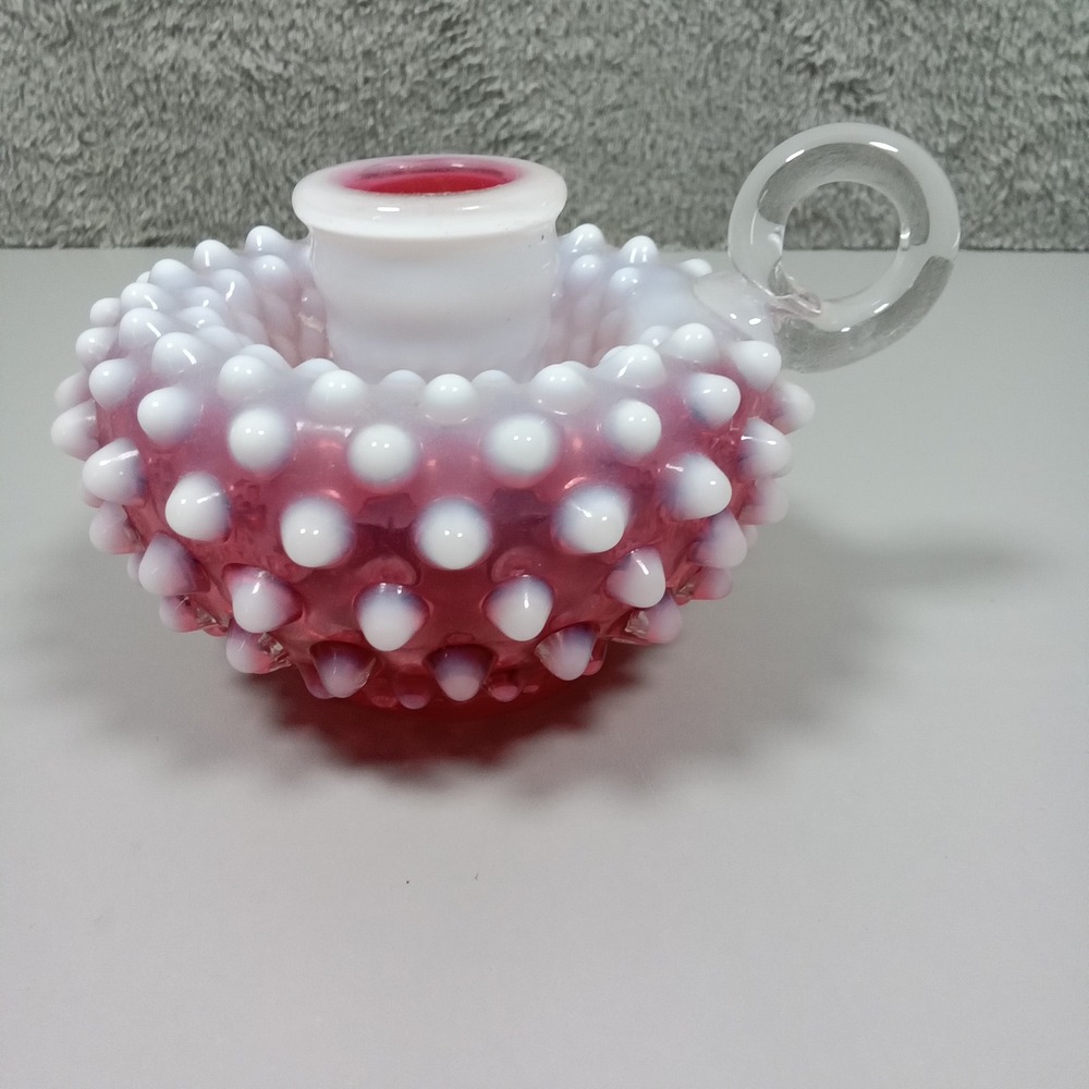 Vintage Cranberry Opalescent Hobnail Glass Candle Holder Chamberstick Pink White